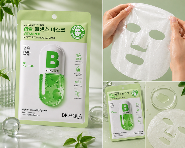 ماسک ورقهای بیوآکوا ویتامین B | کنترل چربی، آبرسان و متعادلکننده پوست